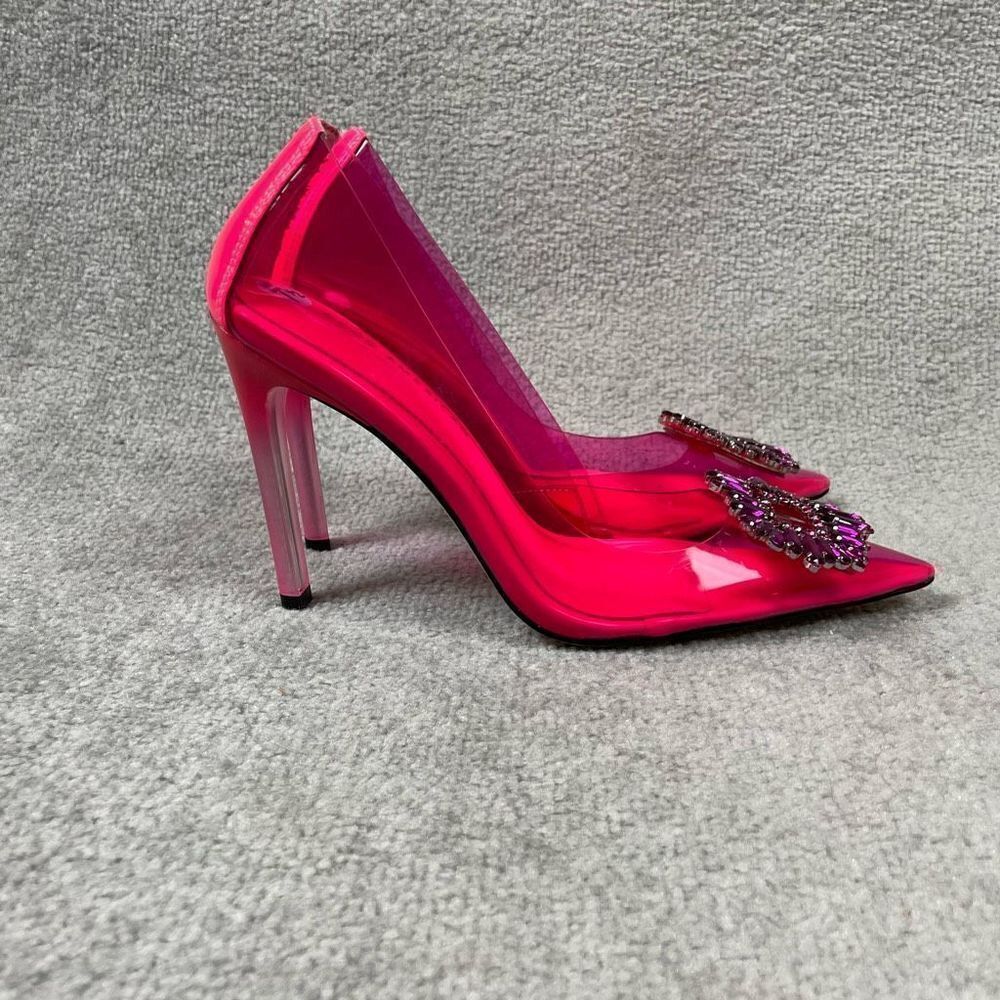 NEW Good American Cinderella Hot Pink Embellished Pump Heels Women’s 7.5 - Picture 3 of 5